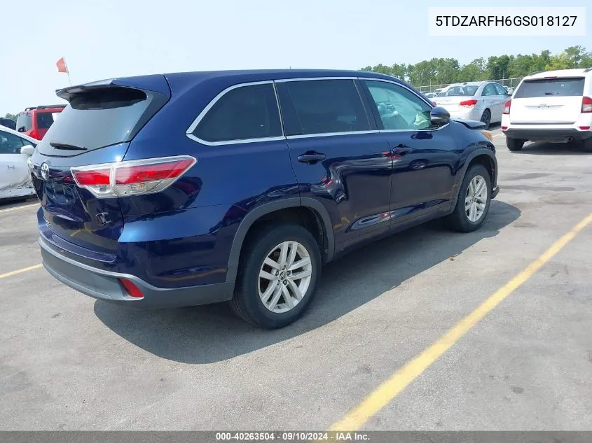 2016 Toyota Highlander Le VIN: 5TDZARFH6GS018127 Lot: 40263504