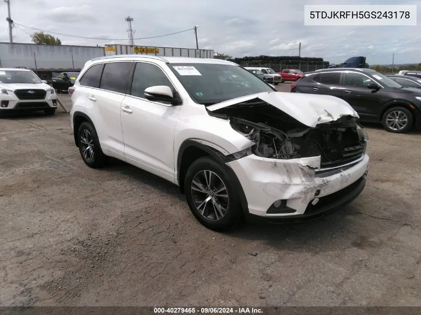 2016 Toyota Highlander Xle V6 VIN: 5TDJKRFH5GS243178 Lot: 40279465