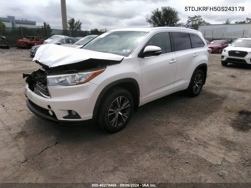 2016 Toyota Highlander Xle V6 VIN: 5TDJKRFH5GS243178 Lot: 40279465