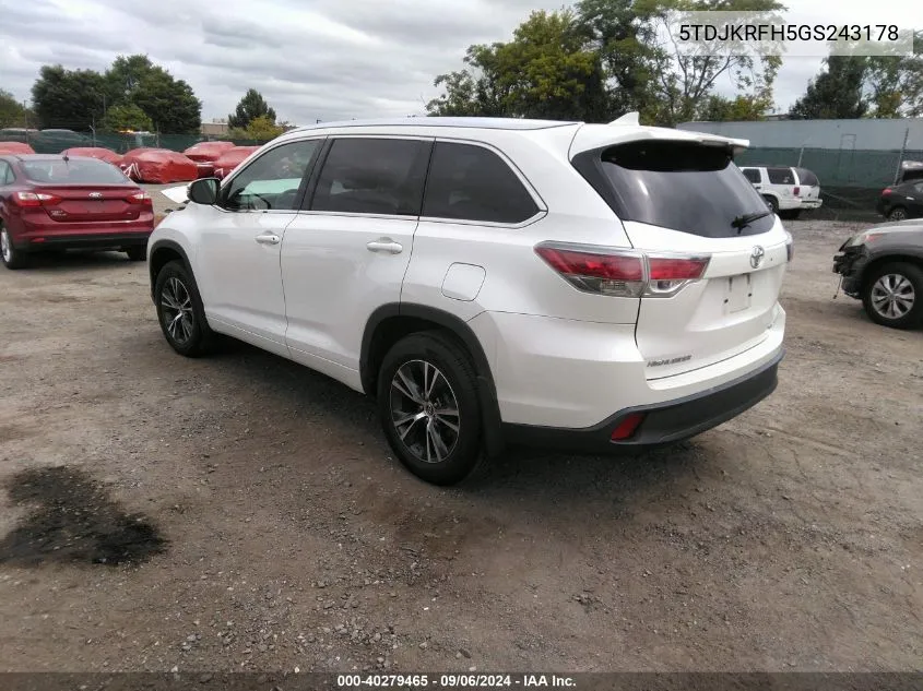 2016 Toyota Highlander Xle V6 VIN: 5TDJKRFH5GS243178 Lot: 40279465