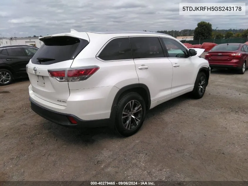 5TDJKRFH5GS243178 2016 Toyota Highlander Xle V6