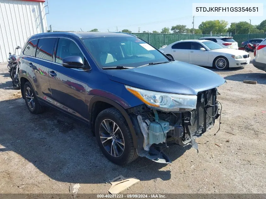 2016 Toyota Highlander Xle V6 VIN: 5TDJKRFH1GS354651 Lot: 40281223