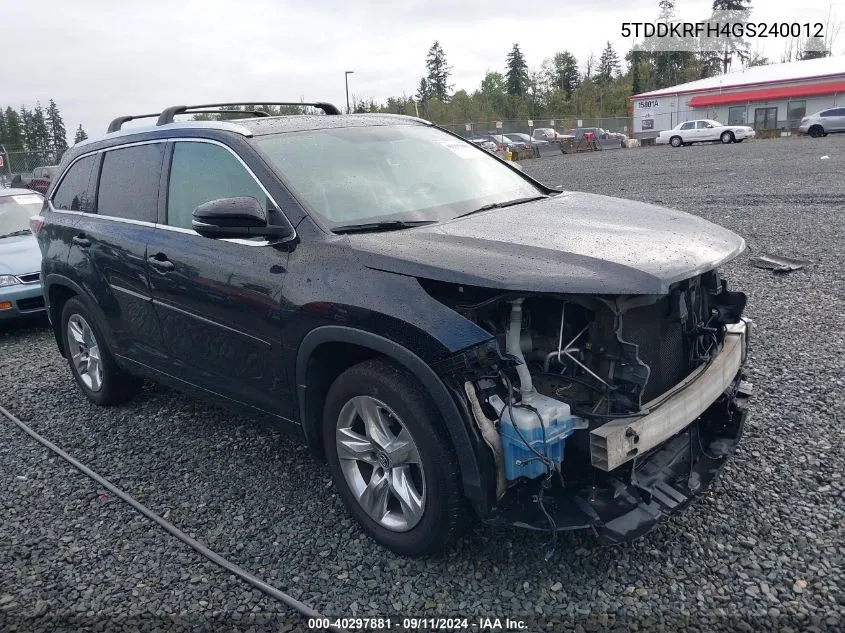 2016 Toyota Highlander Limited V6 VIN: 5TDDKRFH4GS240012 Lot: 40297881