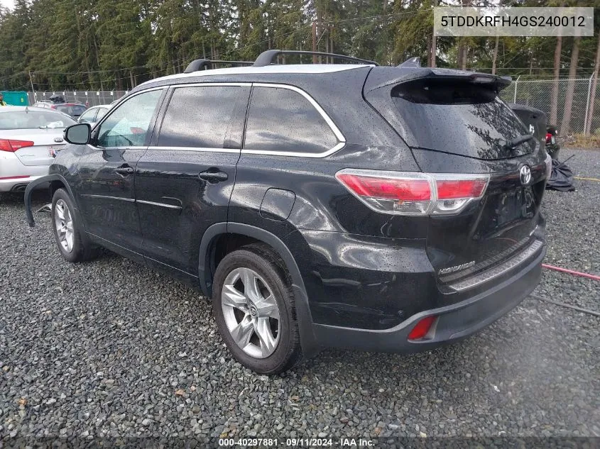 2016 Toyota Highlander Limited V6 VIN: 5TDDKRFH4GS240012 Lot: 40297881