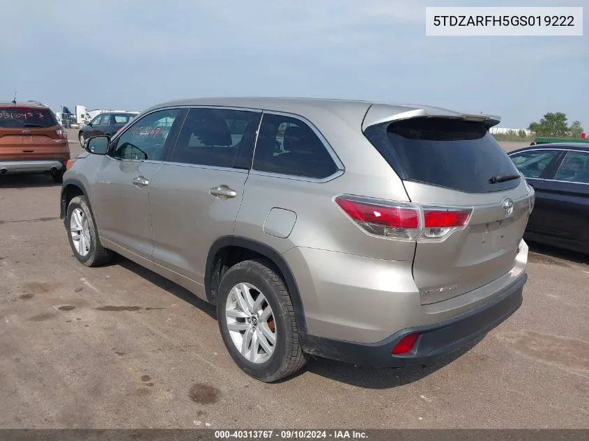 2016 Toyota Highlander Le VIN: 5TDZARFH5GS019222 Lot: 40313767