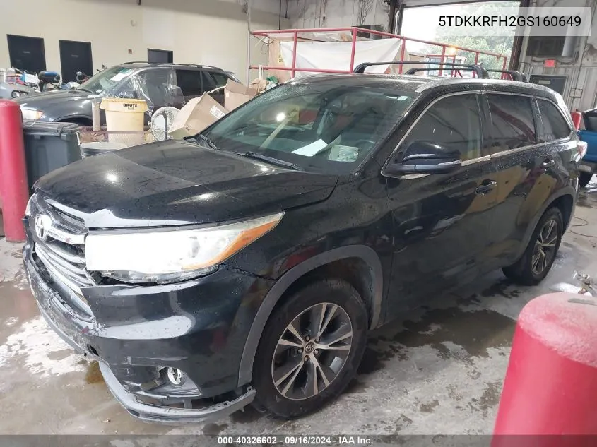 5TDKKRFH2GS160649 2016 Toyota Highlander Xle V6