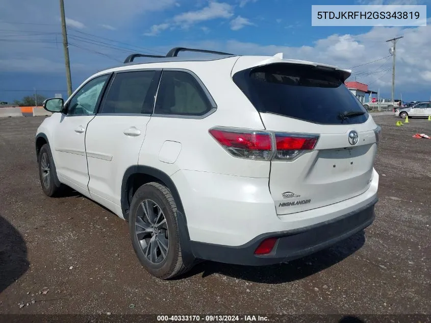 2016 Toyota Highlander Xle V6 VIN: 5TDJKRFH2GS343819 Lot: 40333170