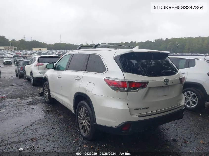 2016 Toyota Highlander Xle VIN: 5TDJKRFH5GS347864 Lot: 40423029