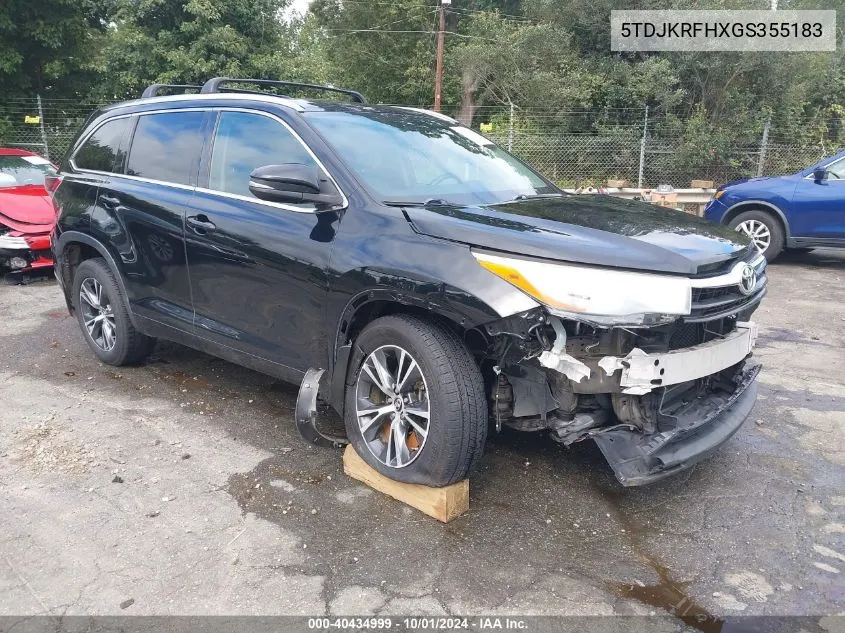 2016 Toyota Highlander Xle V6 VIN: 5TDJKRFHXGS355183 Lot: 40434999