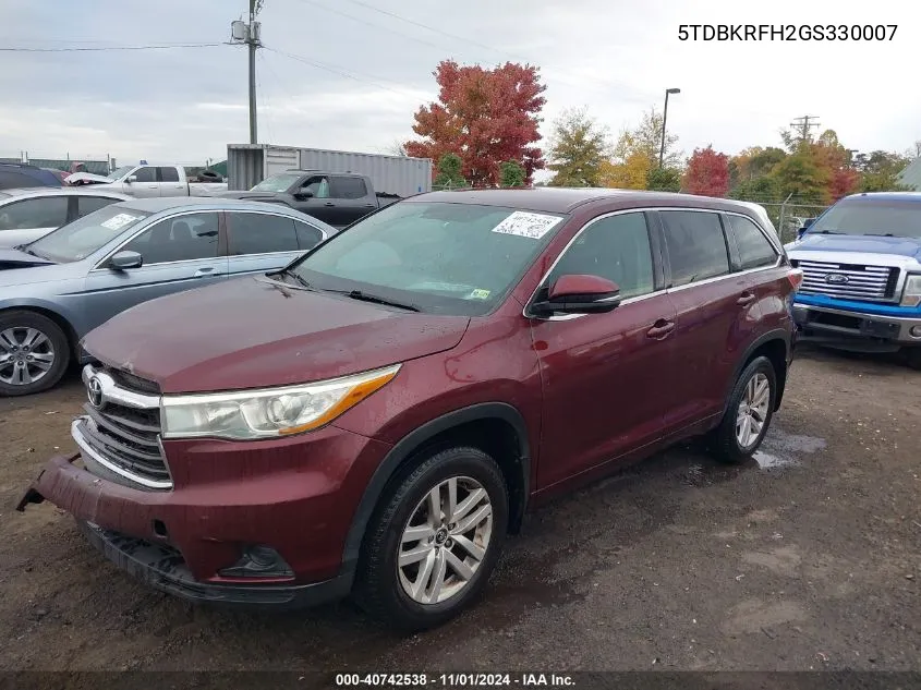 5TDBKRFH2GS330007 2016 Toyota Highlander Le V6