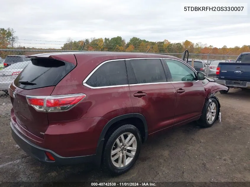 2016 Toyota Highlander Le V6 VIN: 5TDBKRFH2GS330007 Lot: 40742538