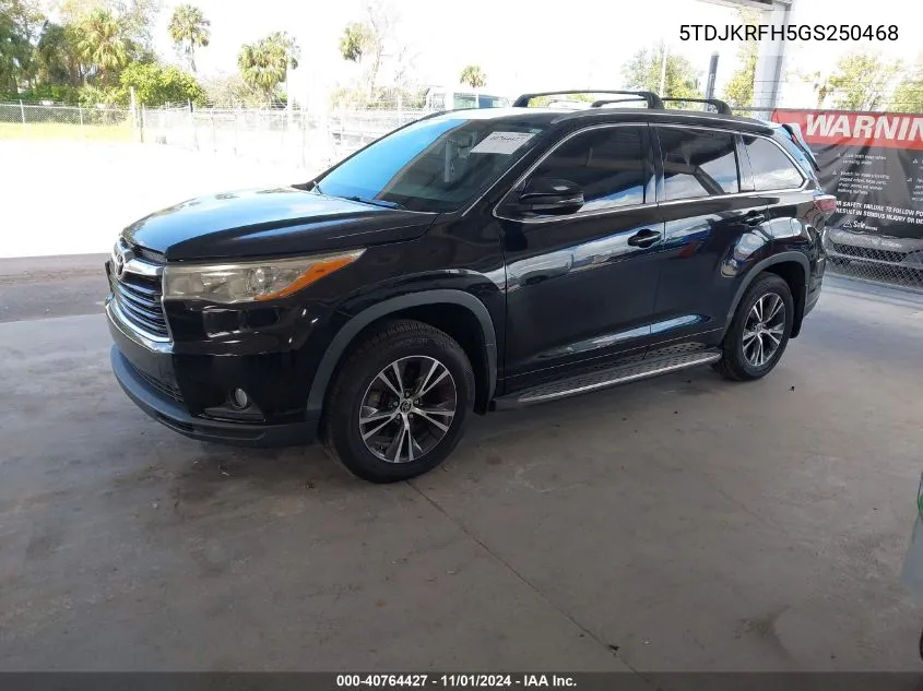 2016 Toyota Highlander Xle V6 VIN: 5TDJKRFH5GS250468 Lot: 40764427