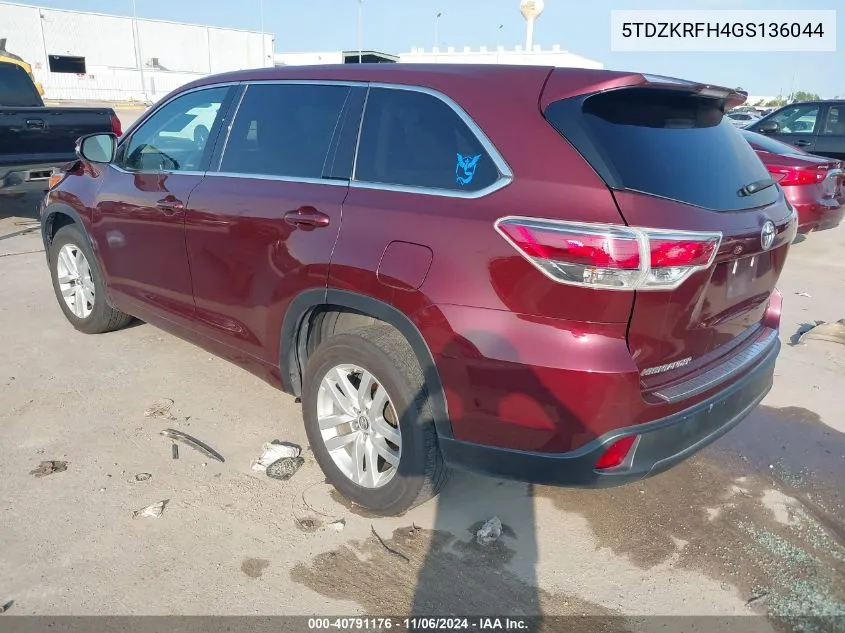 2016 Toyota Highlander Le V6 VIN: 5TDZKRFH4GS136044 Lot: 40791176