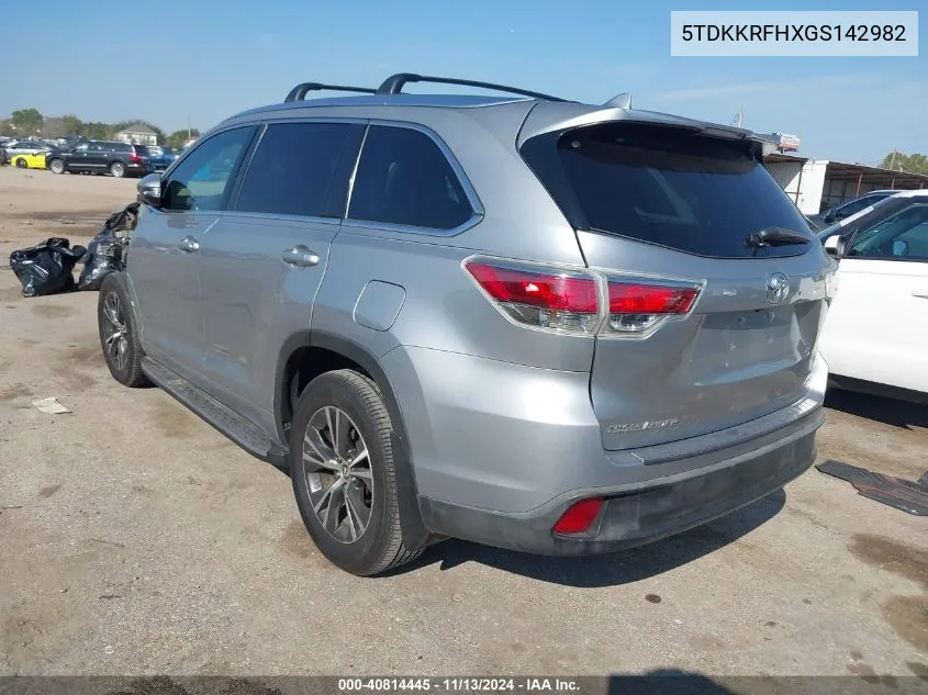 2016 Toyota Highlander Xle V6 VIN: 5TDKKRFHXGS142982 Lot: 40814445