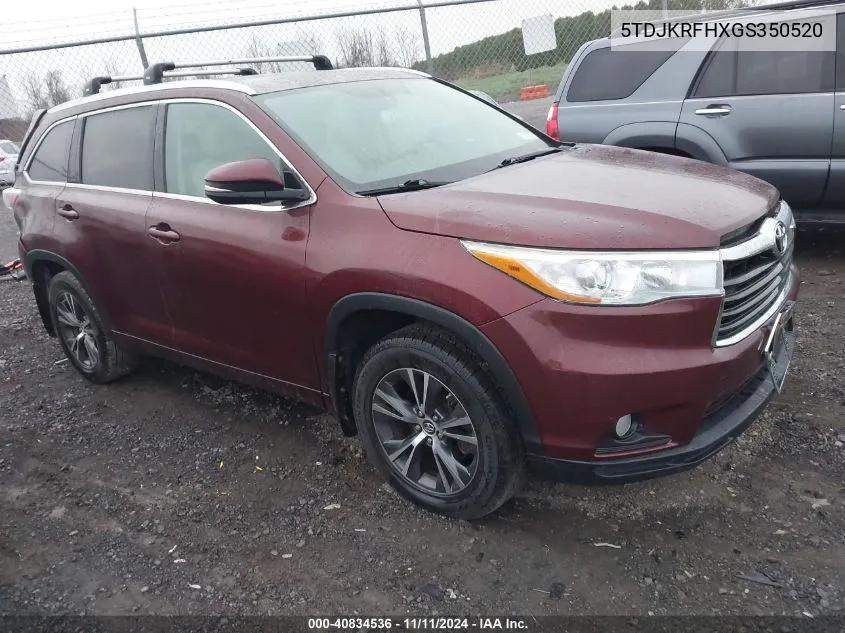 2016 Toyota Highlander Xle V6 VIN: 5TDJKRFHXGS350520 Lot: 40834536