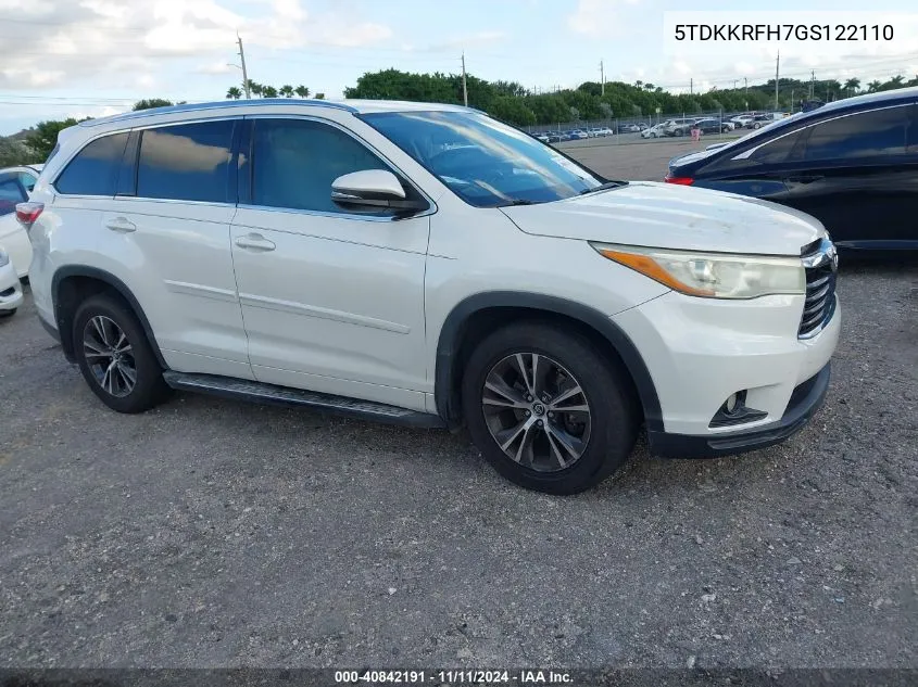 2016 Toyota Highlander Xle V6 VIN: 5TDKKRFH7GS122110 Lot: 40842191