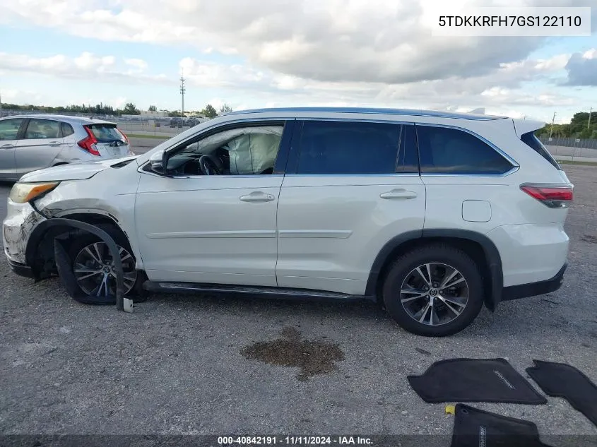 2016 Toyota Highlander Xle V6 VIN: 5TDKKRFH7GS122110 Lot: 40842191