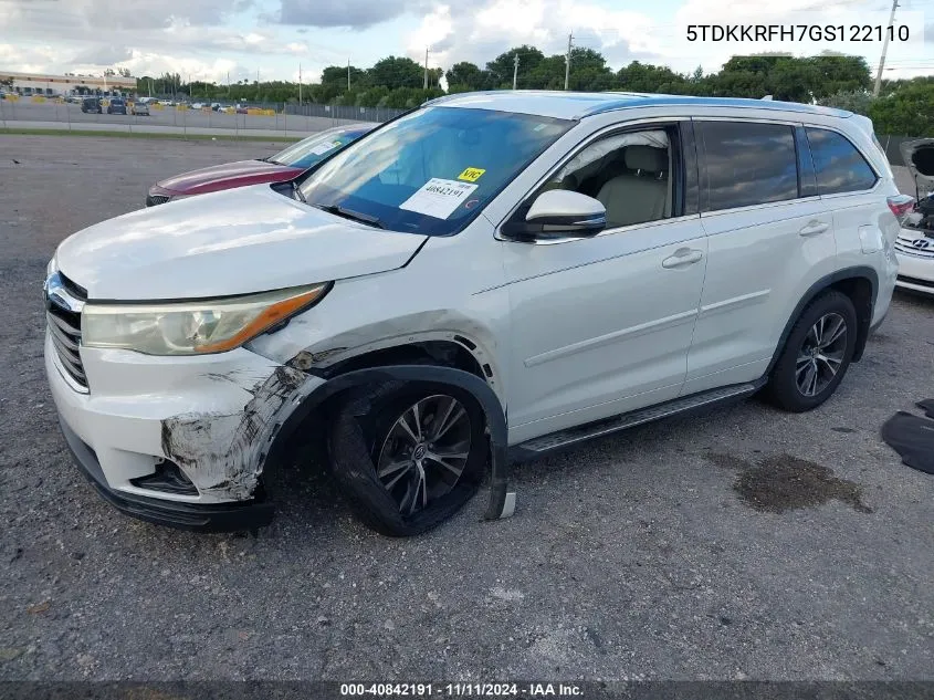 2016 Toyota Highlander Xle V6 VIN: 5TDKKRFH7GS122110 Lot: 40842191