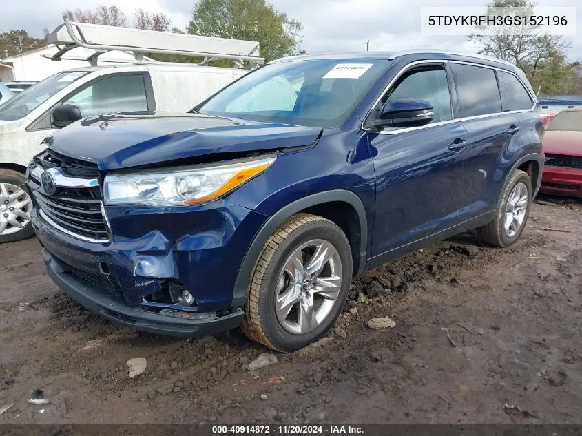 2016 Toyota Highlander Limited V6 VIN: 5TDYKRFH3GS152196 Lot: 40914872