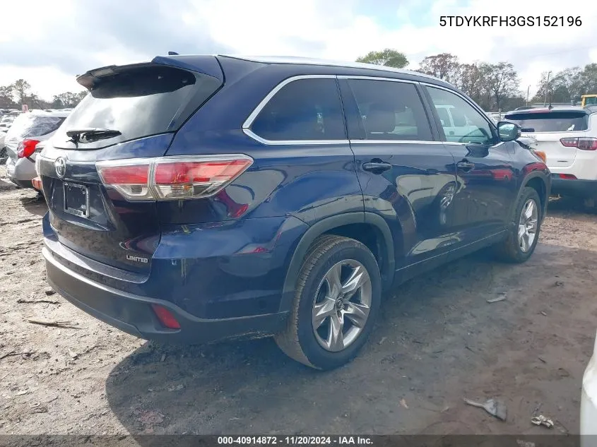 2016 Toyota Highlander Limited V6 VIN: 5TDYKRFH3GS152196 Lot: 40914872