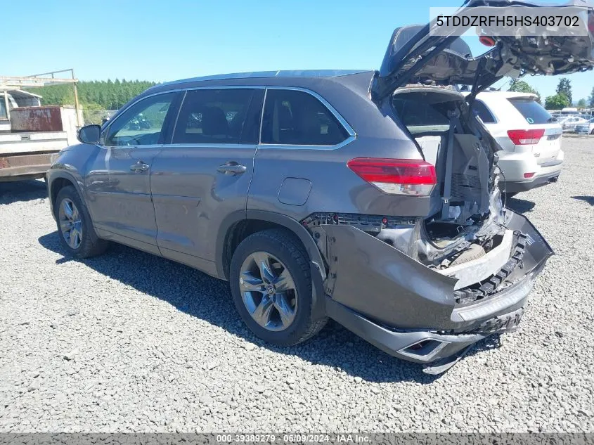 2017 Toyota Highlander Limited Platinum VIN: 5TDDZRFH5HS403702 Lot: 39389279