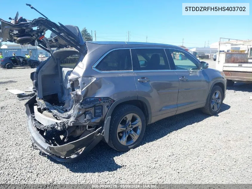 2017 Toyota Highlander Limited Platinum VIN: 5TDDZRFH5HS403702 Lot: 39389279