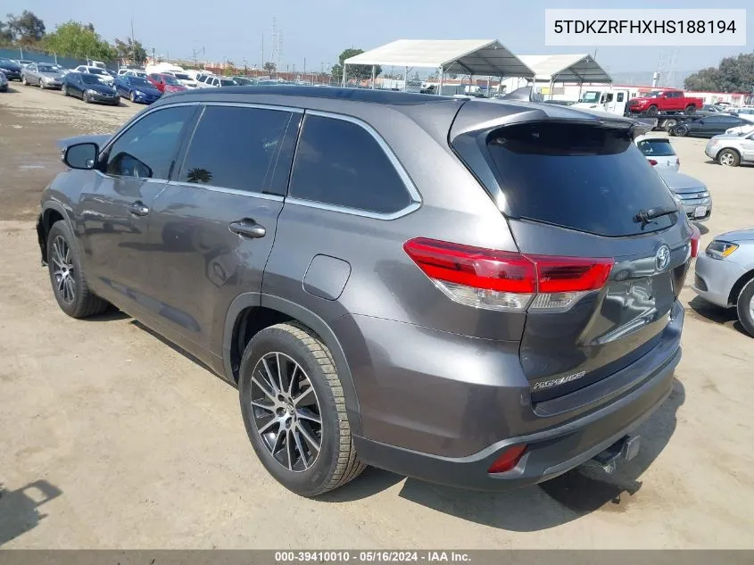 2017 Toyota Highlander Se VIN: 5TDKZRFHXHS188194 Lot: 39410010