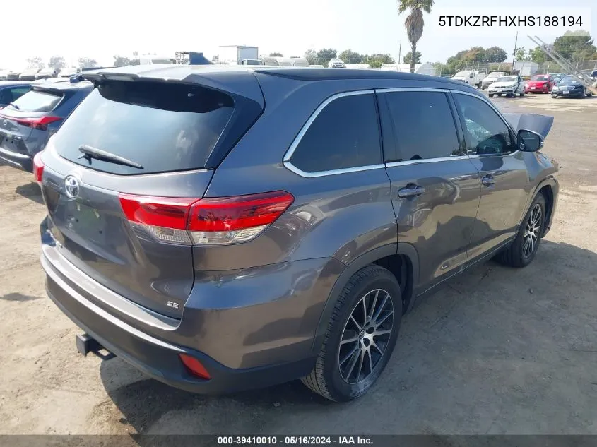 2017 Toyota Highlander Se VIN: 5TDKZRFHXHS188194 Lot: 39410010