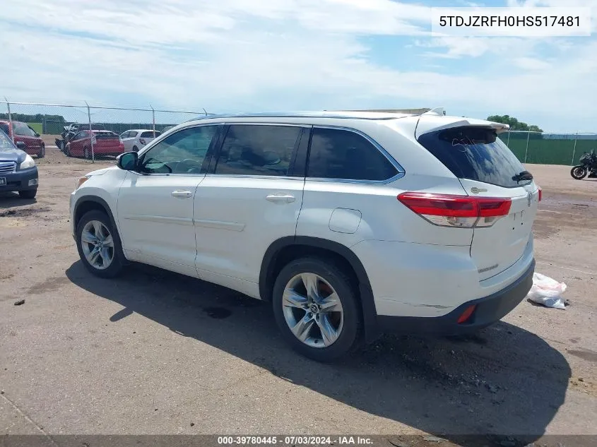 2017 Toyota Highlander Xle VIN: 5TDJZRFH0HS517481 Lot: 39780445