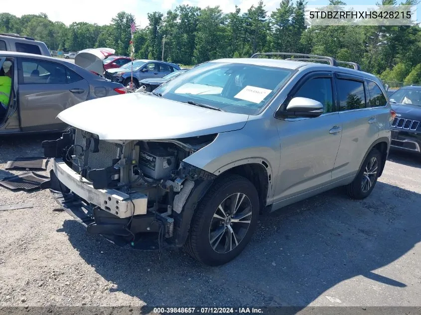 2017 Toyota Highlander Le Plus VIN: 5TDBZRFHXHS428215 Lot: 39848657