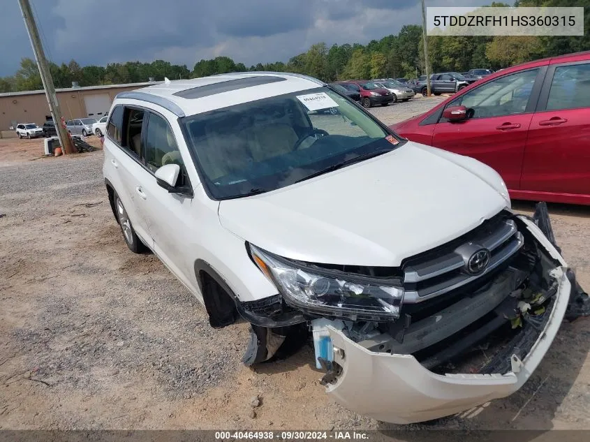 5TDDZRFH1HS360315 2017 Toyota Highlander Limited