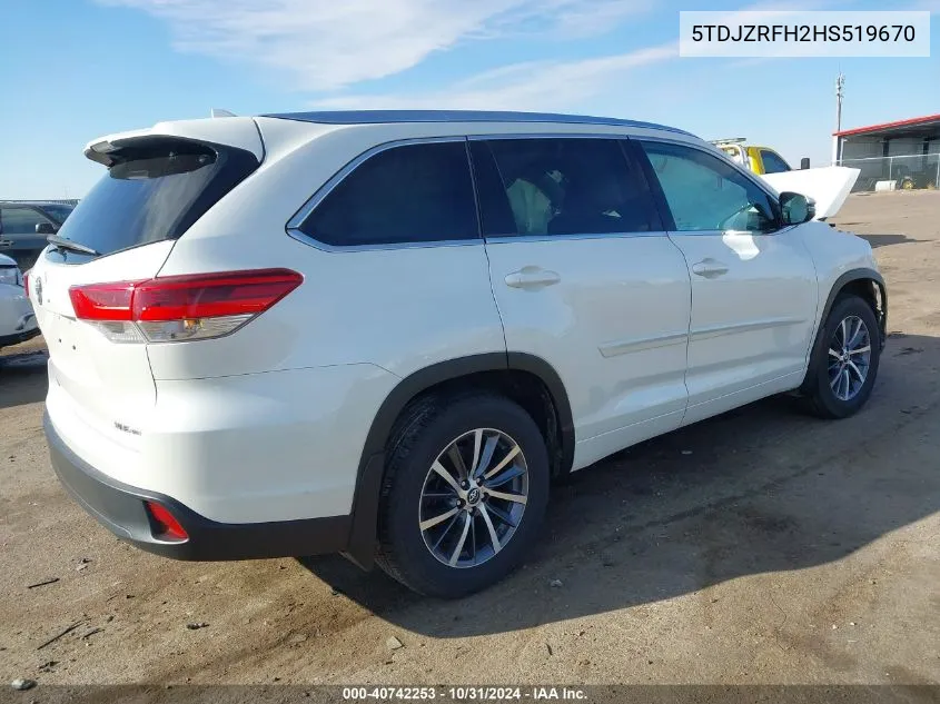 2017 Toyota Highlander Xle VIN: 5TDJZRFH2HS519670 Lot: 40742253