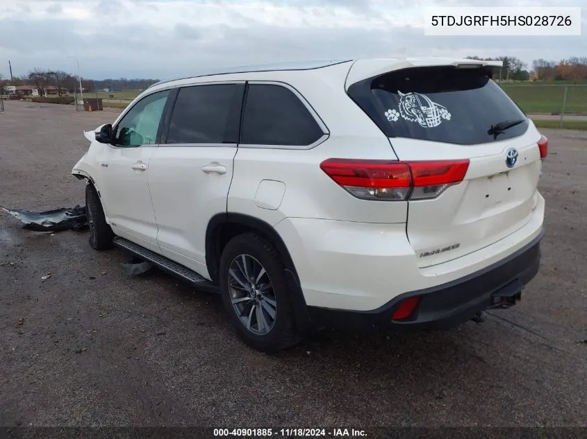 2017 Toyota Highlander Hybrid Xle VIN: 5TDJGRFH5HS028726 Lot: 40901885