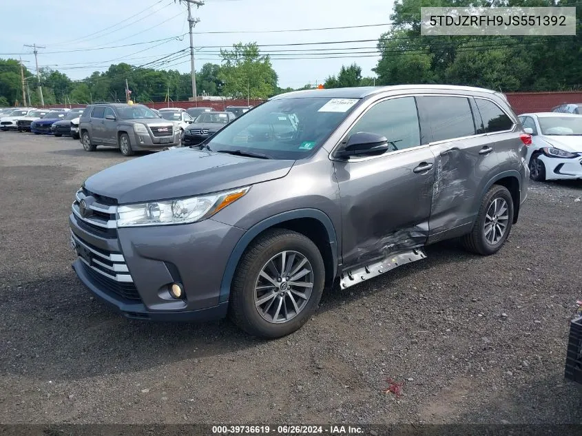 2018 Toyota Highlander Xle VIN: 5TDJZRFH9JS551392 Lot: 39736619