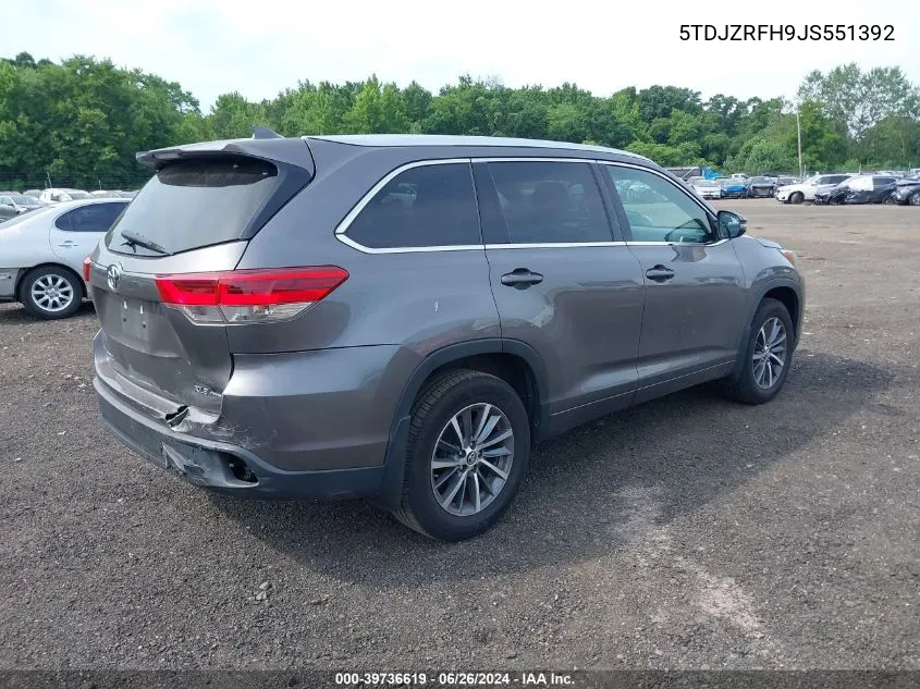 2018 Toyota Highlander Xle VIN: 5TDJZRFH9JS551392 Lot: 39736619