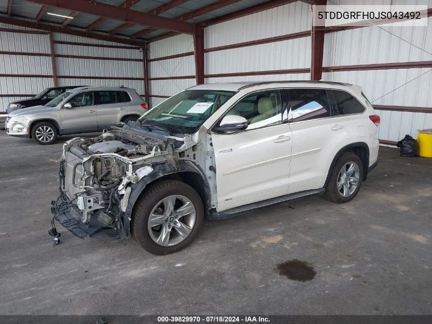 5TDDGRFH0JS043492 2018 Toyota Highlander Hybrid Hybrid Ltd Platinum