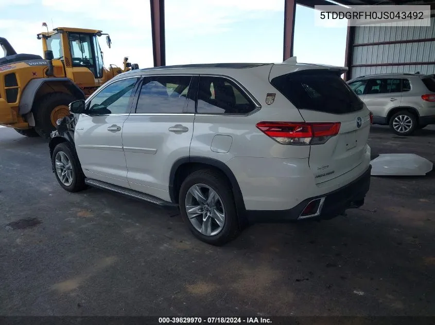 5TDDGRFH0JS043492 2018 Toyota Highlander Hybrid Hybrid Ltd Platinum