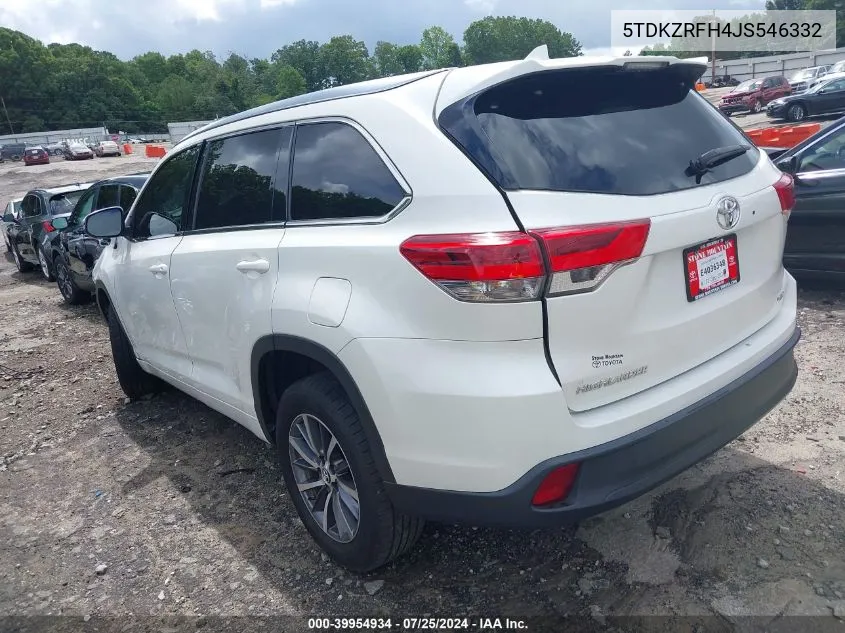 2018 Toyota Highlander Xle VIN: 5TDKZRFH4JS546332 Lot: 39954934