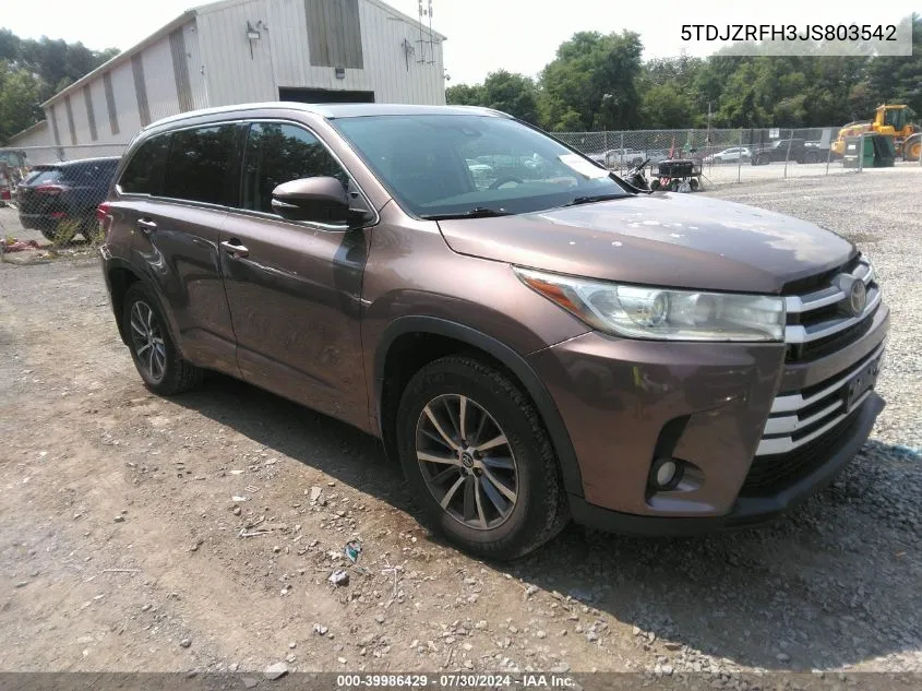 2018 Toyota Highlander Se/Xle VIN: 5TDJZRFH3JS803542 Lot: 39986429