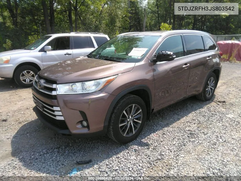 2018 Toyota Highlander Se/Xle VIN: 5TDJZRFH3JS803542 Lot: 39986429