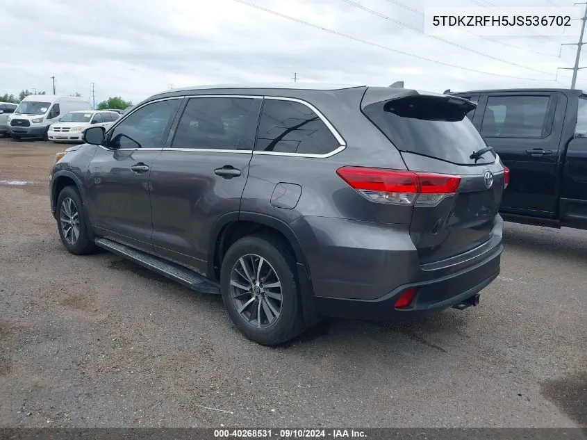 2018 Toyota Highlander Xle VIN: 5TDKZRFH5JS536702 Lot: 40268531