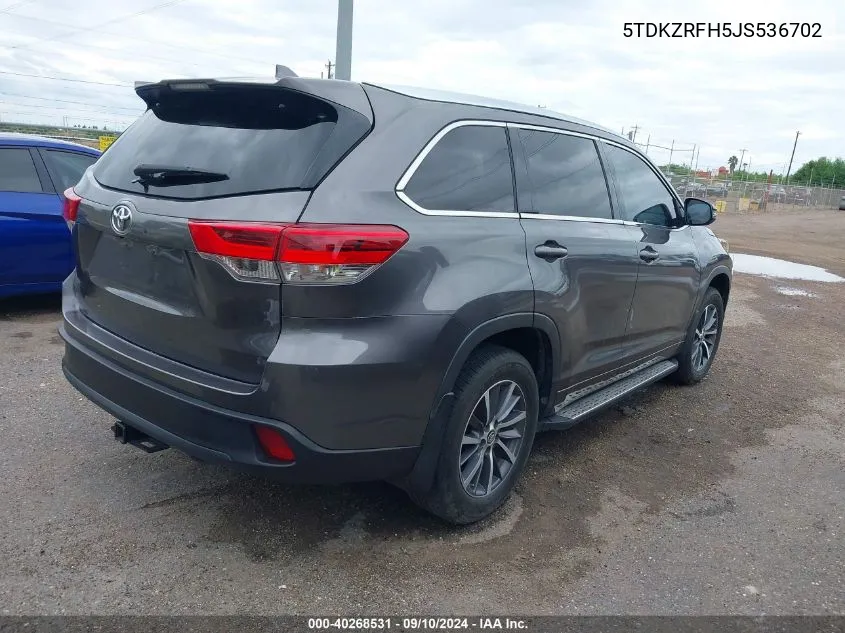 5TDKZRFH5JS536702 2018 Toyota Highlander Xle