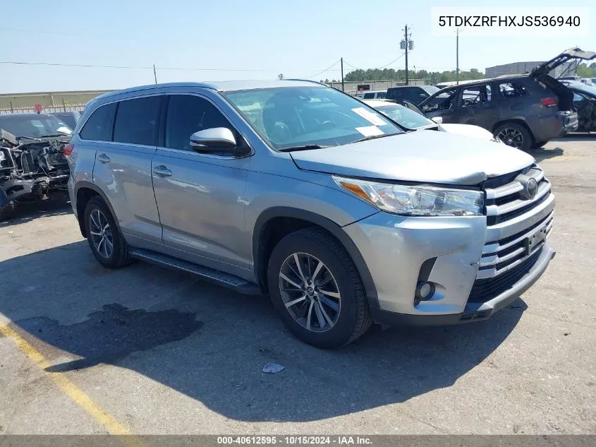 2018 Toyota Highlander Xle VIN: 5TDKZRFHXJS536940 Lot: 40612595