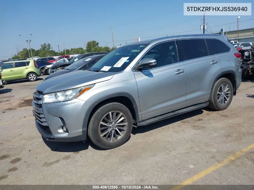 2018 Toyota Highlander Xle VIN: 5TDKZRFHXJS536940 Lot: 40612595