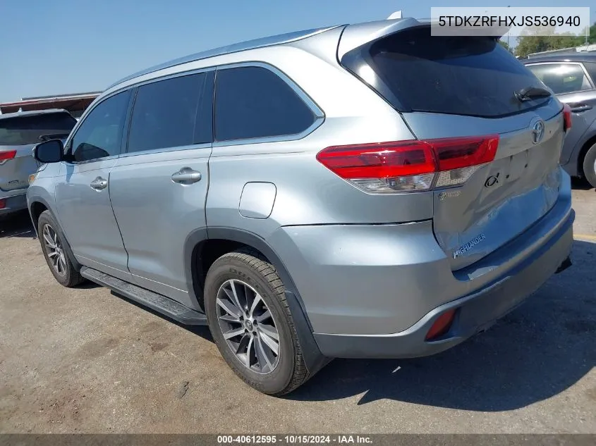 2018 Toyota Highlander Xle VIN: 5TDKZRFHXJS536940 Lot: 40612595