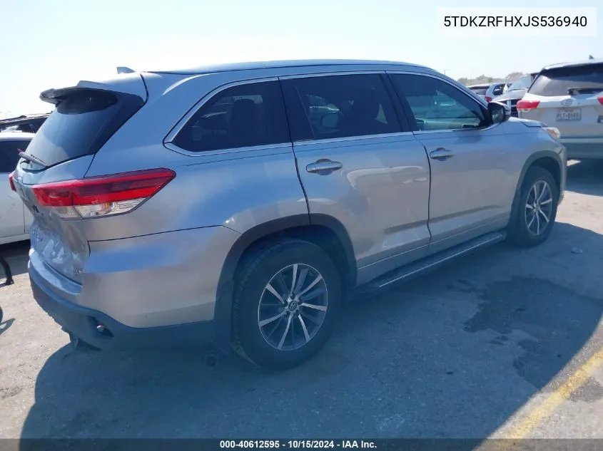 2018 Toyota Highlander Xle VIN: 5TDKZRFHXJS536940 Lot: 40612595