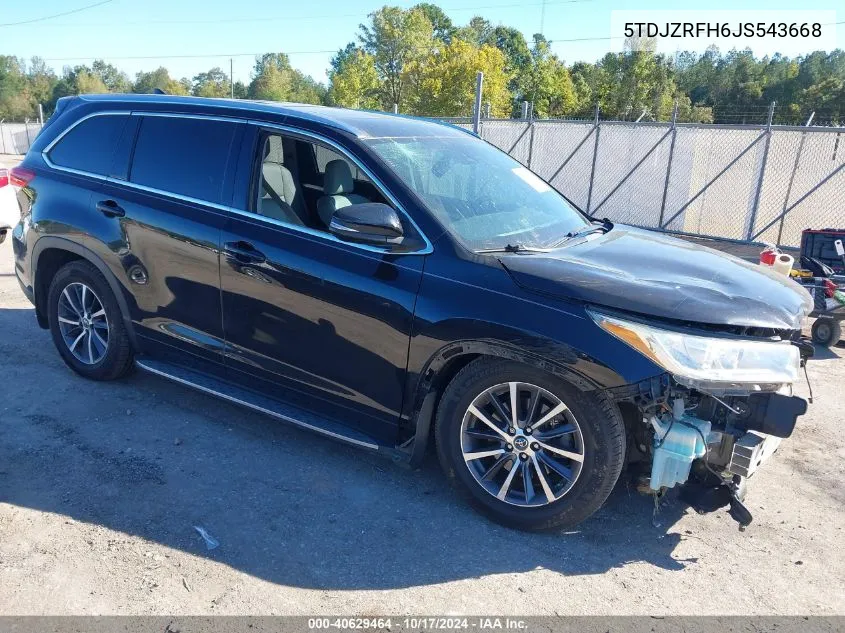 2018 Toyota Highlander Xle VIN: 5TDJZRFH6JS543668 Lot: 40629464