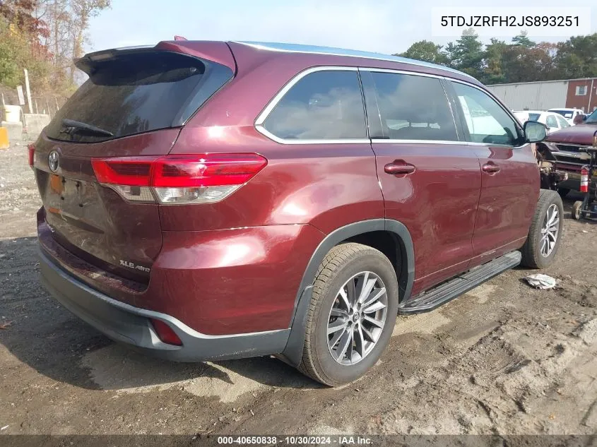 2018 Toyota Highlander Xle VIN: 5TDJZRFH2JS893251 Lot: 40650838