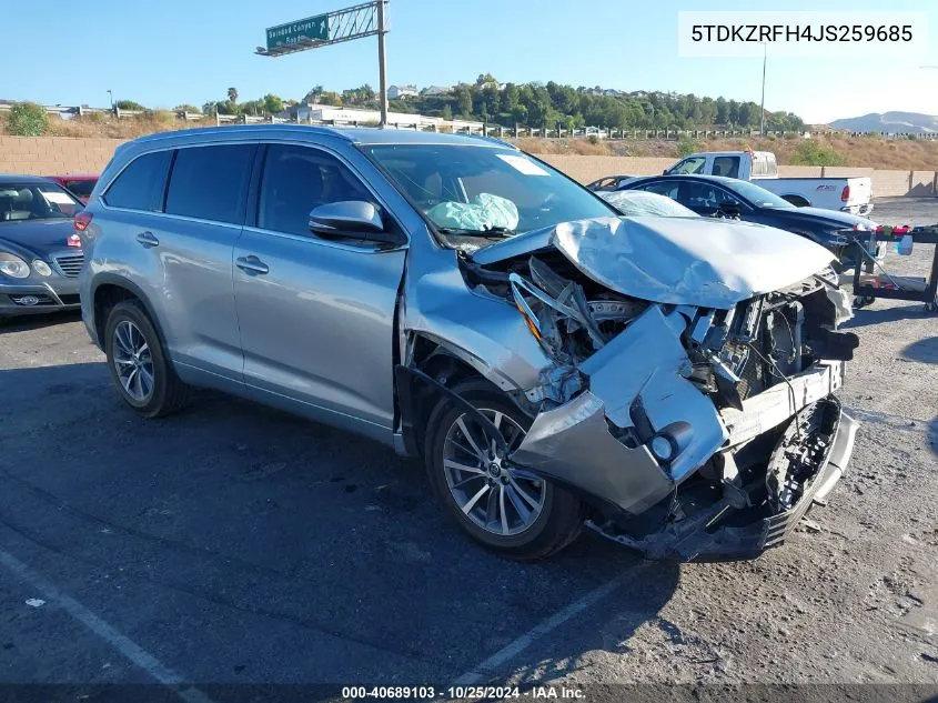 2018 Toyota Highlander Xle VIN: 5TDKZRFH4JS259685 Lot: 40689103