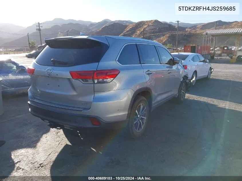 2018 Toyota Highlander Xle VIN: 5TDKZRFH4JS259685 Lot: 40689103